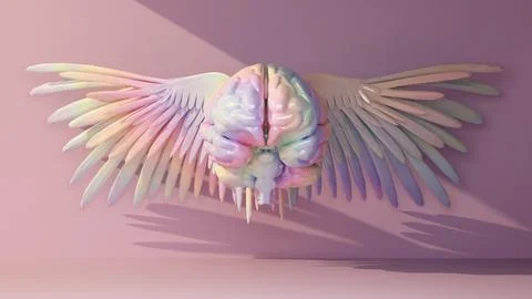 Multicolored brain with wings front view in a beam of light Stock Illustration