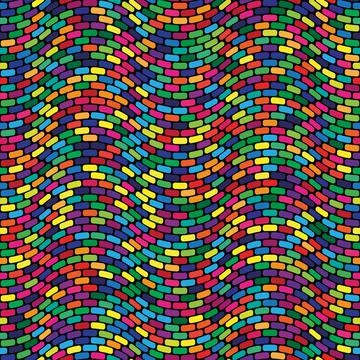 Multicolored brick wall. Wavy stripes of small rectangles. Seamless pattern. Stock Illustration