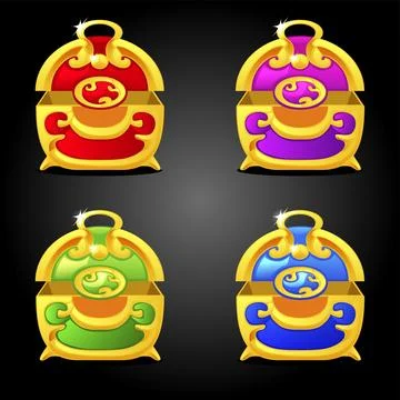 Multicolored bright open empty chests for the game. Illustrazione stock