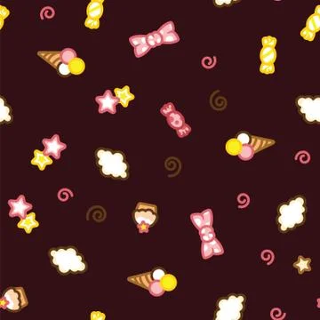 Multicolored candy, ice cream, cake, star and cloud doodle pattern. イラスト素材
