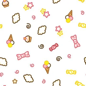 Multicolored candy, ice cream, cake, star and cloud doodle pattern. Stock Illustration