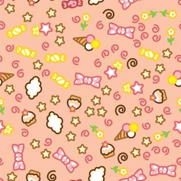 Multicolored candy, ice cream, cake, star, flower and cloud doodle pattern. 스톡 일러스트