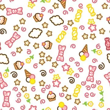 Multicolored candy, ice cream, cake, star, flower and cloud doodle pattern. 스톡 일러스트
