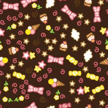 Multicolored candy, ice cream, cake, star, flower and cloud doodle pattern. Stock Illustration