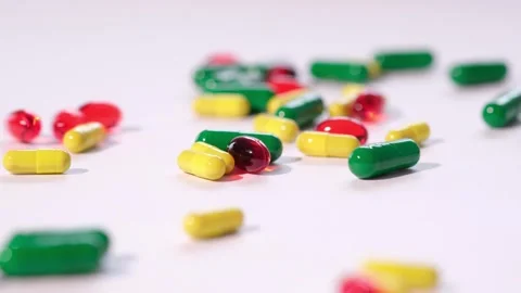 Multicolored capsules are scattered Video stock 263805923
