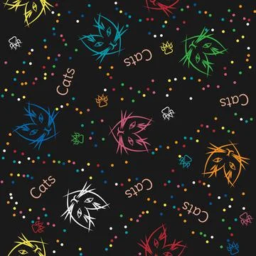 Multicolored cat faces with cat's paws and dots on black background Stock Illustration