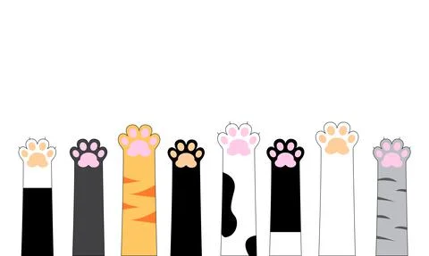 Multicolored cat paws. Flat design. Cute cat paws wallpaper. Vector illustrat Illustrazione stock