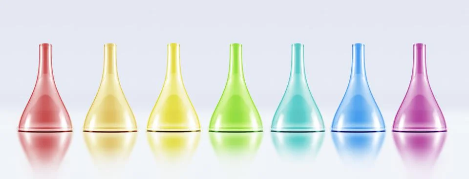 Multicolored chemical flasks in the colors of the rainbow. Medical or scientific Stock Illustration