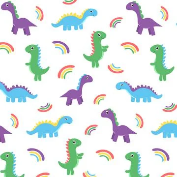 Multicolored childish pattern with dinosaurs and rainbow Stock Illustration