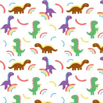 Multicolored childish pattern with dinosaurs and rainbow Stock Illustration