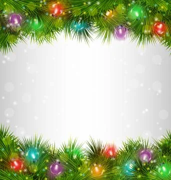 Multicolored Christmas lights on pine branches on grayscale Stock Illustration