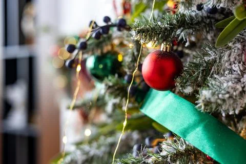 Multicolored Christmas tree decorations, close-up of a Christmas tree with Stock Photos