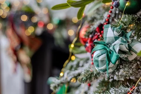 Multicolored Christmas tree decorations, close-up of a Christmas tree with Stock Photos