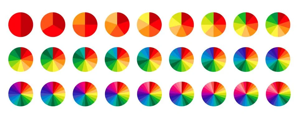 Multicolored circle sections collection. Pie charts diagrams in spectrum colors Stock Illustration