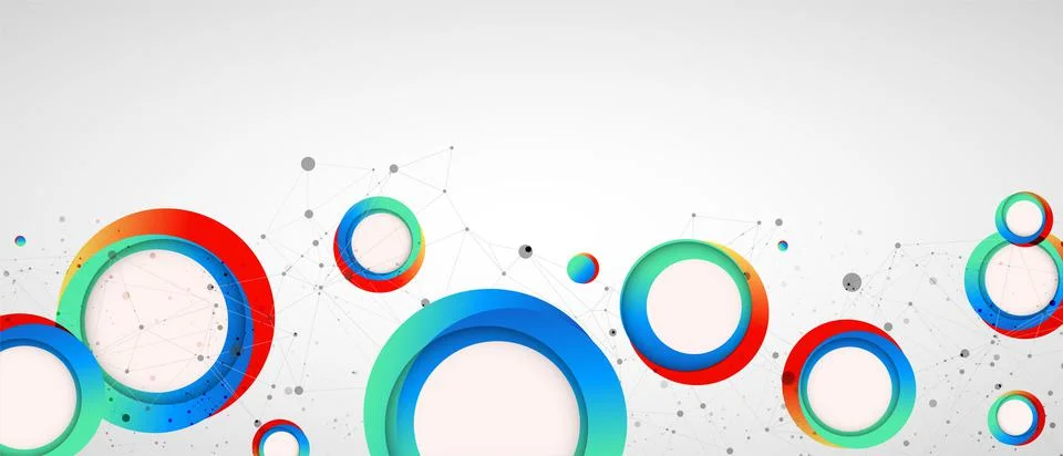 Multicolored circles arranged on a plexus abstraction for use in scientific o Stock Illustration