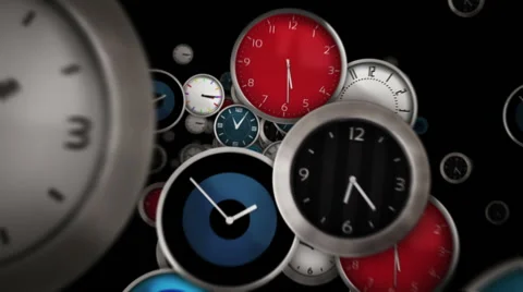 Multicolored clocks flying symbolizing the passing of time. Loopable. Alpha Stock Footage 59575313