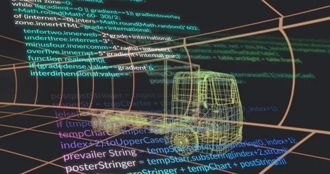 Multicolored code fading in, scrolling around 3D semitrailer truck inside tunnel Stock Footage 313639731