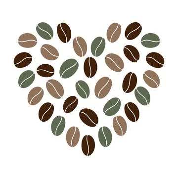 Multicolored coffee beans in heart shape in trendy brown and green. Greetings or Stock Illustration