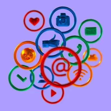 Multicolored composition of flying social network icons. - 3d rendering Stock Illustration