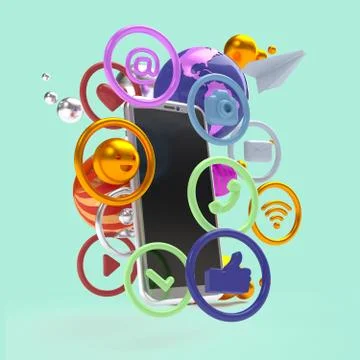 Multicolored composition social network icons with smartphone. - 3d rendering Stock Illustration