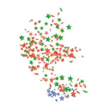 Multicolored confetti flying backdrop design. Star shaped elements flying.  Illustrazione stock