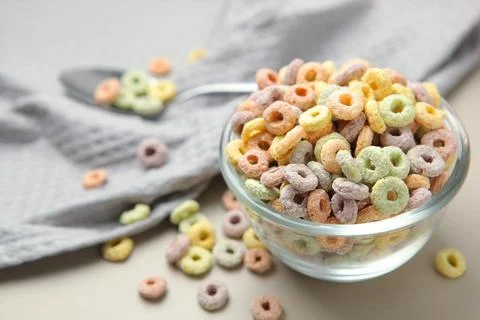Multicolored corn rings for breakfast on the table Stock Photos