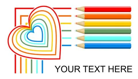 Multicolored crayons drawing lines and rainbow monoline heart, banner design on Stock Illustration