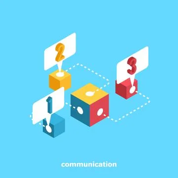 Multicolored cubes connected by lines and pointers with figures, isometric im Stock Illustration