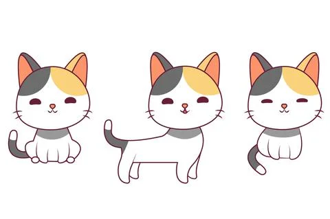 Multicolored cute cat drawing set in different poses. Sitting and standing Stock Illustration