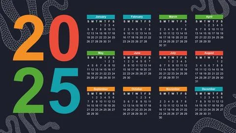 Multicolored dark calendar for 2025 year of the snake with linear Stock Illustration