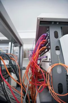 Multicolored data cable connected to computer network in server room Stock Photos