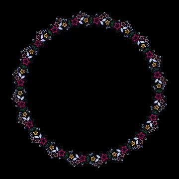Multicolored decorative round frame of flowers and leaves. Abstract floral or Stock Illustration