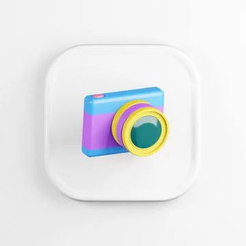 Multicolored digital photo camera icon. 3d rendering white square button key, Stock Illustration