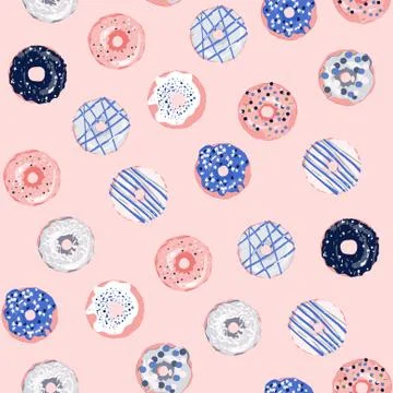Multicolored donuts on a pink background. Seamless print, textile, postcard,  Illustrazione stock