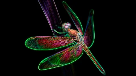 Multicolored dragonfly on a leaf, macro photo digital neon light effect Stock Illustration