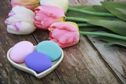 Multicolored Easter eggs and flowers pink tulips Stock Photos