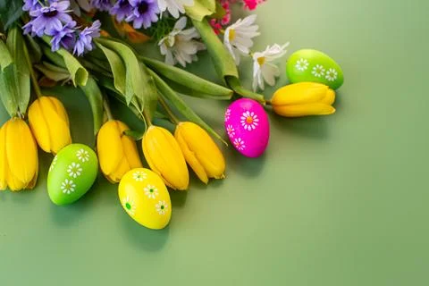 Multicolored Easter eggs and tulips on a green background Stock Photos
