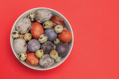 Multicolored easter eggs close up, brightly colored chicken eggs for easter,  Stock Photos