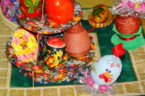 Multicolored Easter eggs decorated by hand Stock-Fotos