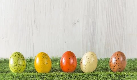 Multicolored easter eggs on a green grass on a light wooden background; cop.. Stock Photos
