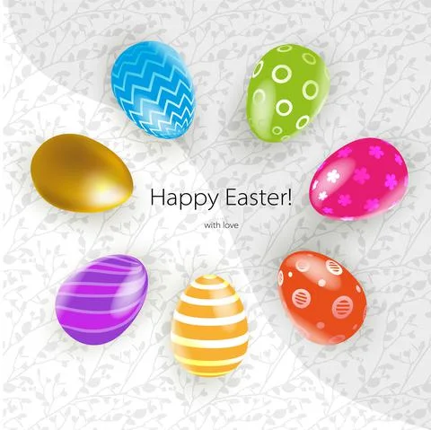 Multicolored Easter eggs on leaves pattern background. Vector pink, violet, red Stock Illustration