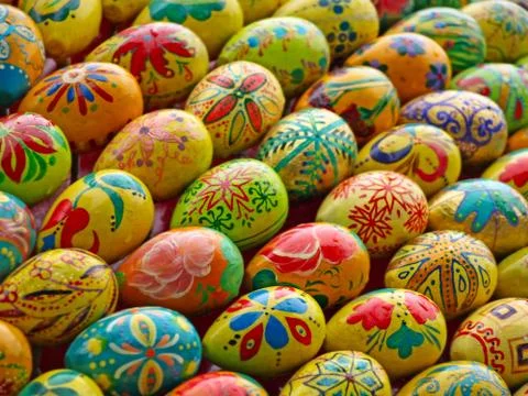 Multicolored easter eggs taken closeup.background. Stock Photos