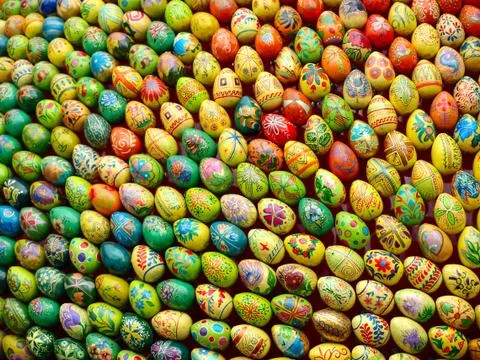 Multicolored easter eggs taken closeup.background. Stock Photos