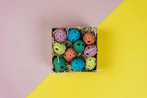 Multicolored Easter quail eggs in carton box isolated on pink and yellow Stock Photos