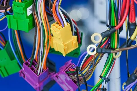 Multicolored electrical wires with plastic connector blocks. Automotive wiring Stock Photos