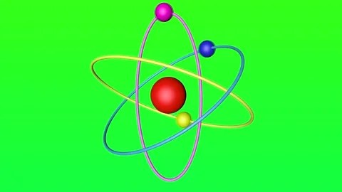 Multicolored electrons revolve around the nucleus of an atom Stock Footage 165151231