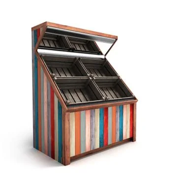 Multicolored empty wooden vegetable shelving with boxes 3d render isolated on Stock Illustration