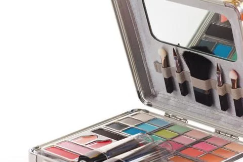 Multicolored eye shadows with cosmetics brush. eyeshadow makeup palette. colo Stock Photos