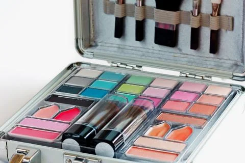 Multicolored eye shadows with cosmetics brush. eyeshadow makeup palette. colo Stock Photos