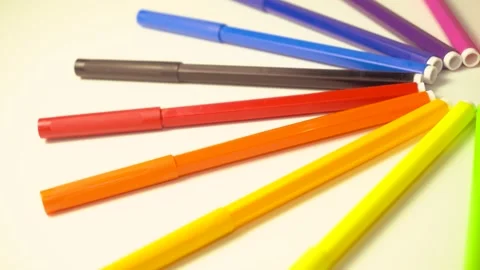Multicolored Felt Tip Pen on Rotating Table. Rainbow Colors. Pens Arranged as Stock Footage 132999105